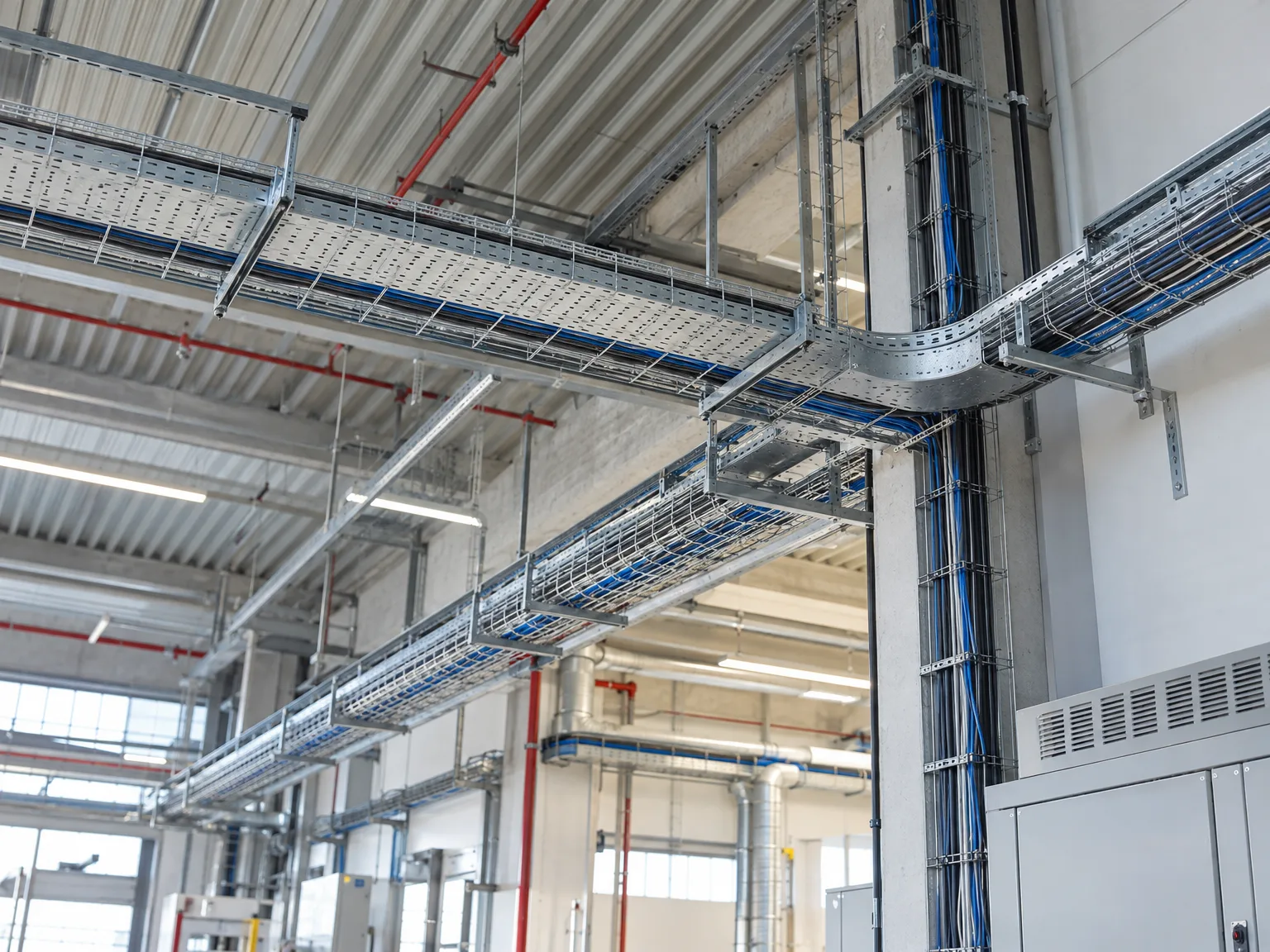 Montierte Gitterrinnen und Kabeltragsysteme mit blauen Elektrokabeln in einer Industriehalle