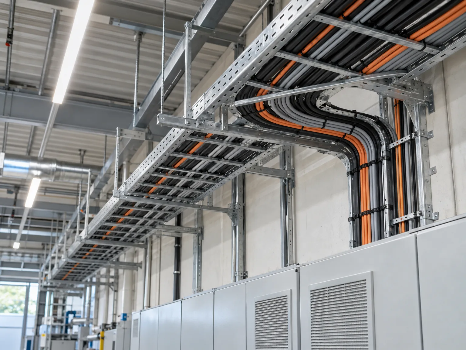 Montierte Gitterrinnen mit schwarz-orangen Kabeln in Industriehalle unter der Decke