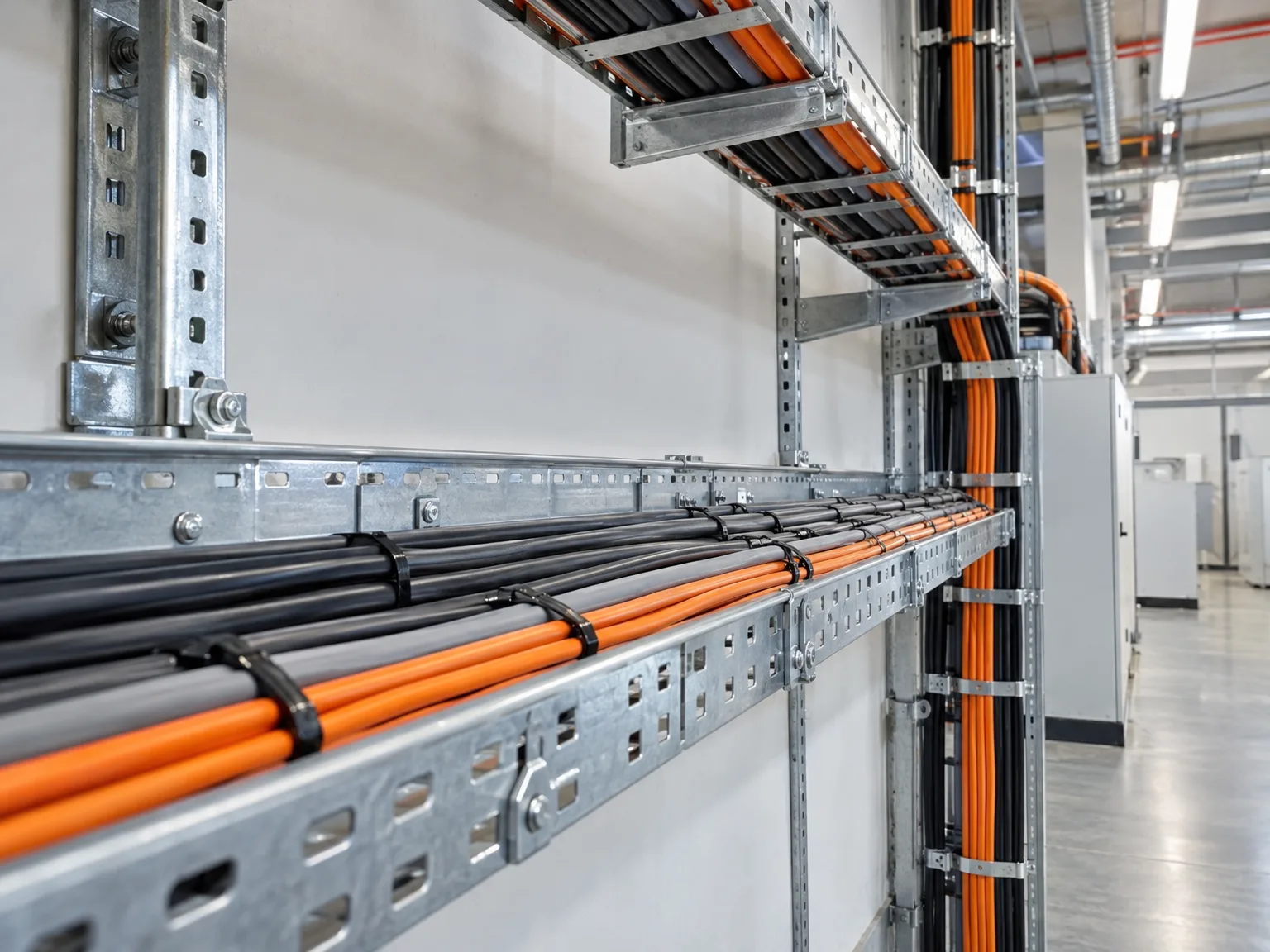Stahlkabeltrasse mit Kabelrinnen und schwarz-orangefarbenen Leitungen