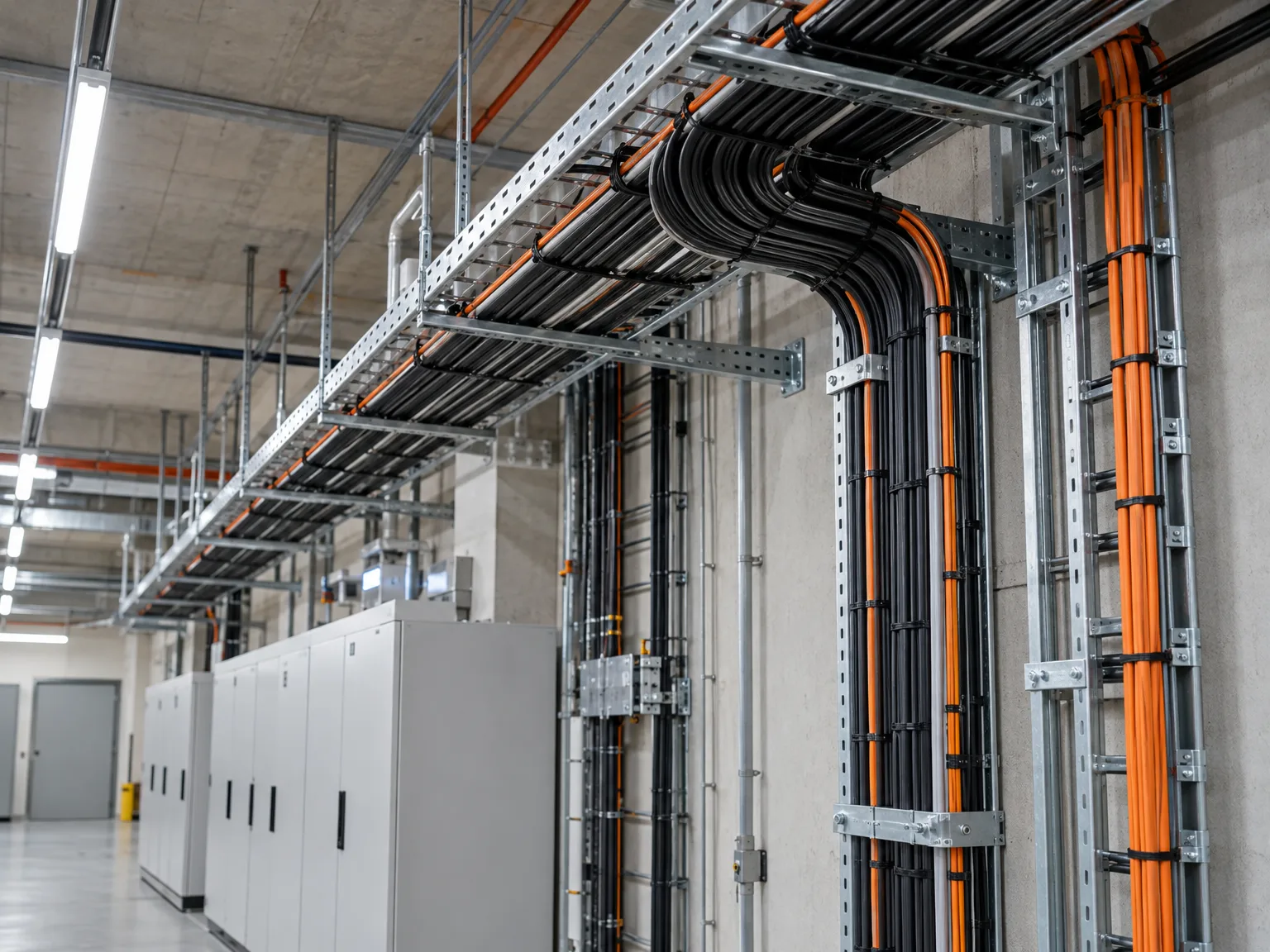 Gitterrinnen mit Kabelverlegung und orange Stromleitungen unter Hallendach
