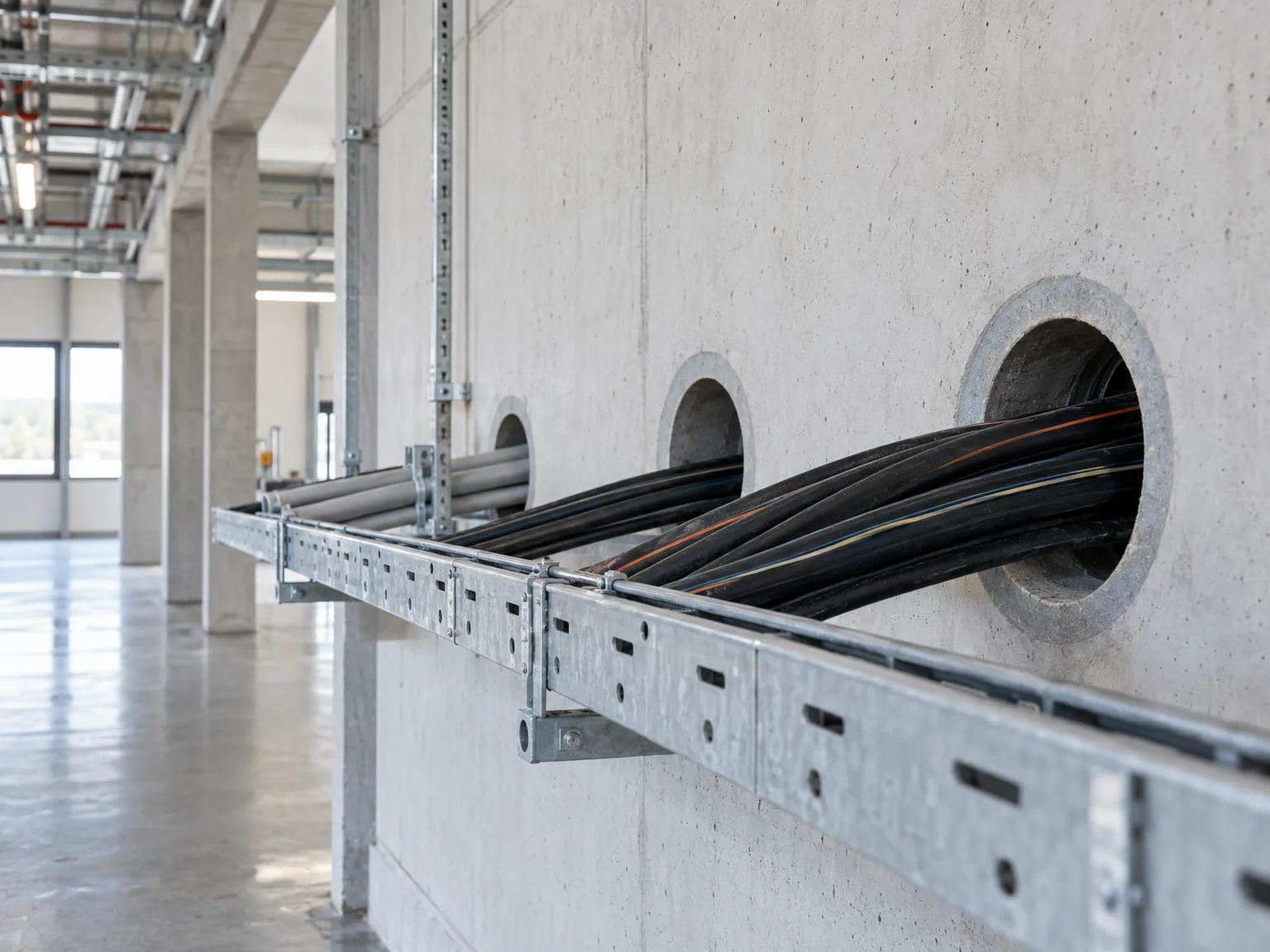 Gitterrinne an Betonwand mit Kabelverlegung durch Wandöffnungen