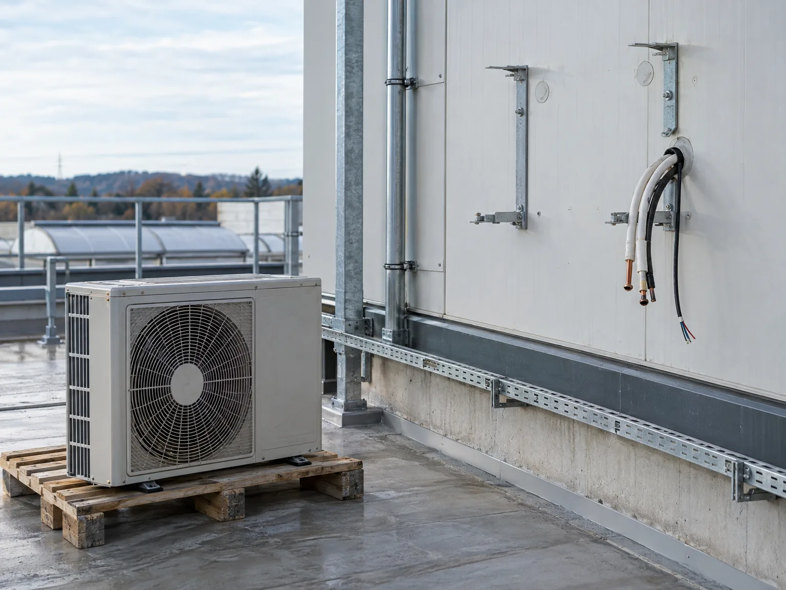 Kabelverlegung mit Klimaanlage und Befestigungssystemen auf Gewerbedach
