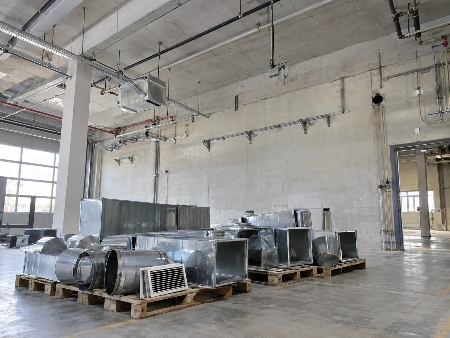 Industriedemontage mit sortierten Maschinenteilen, Rohrleitungen und Lüftungsanlagen auf Paletten in besenreiner Halle