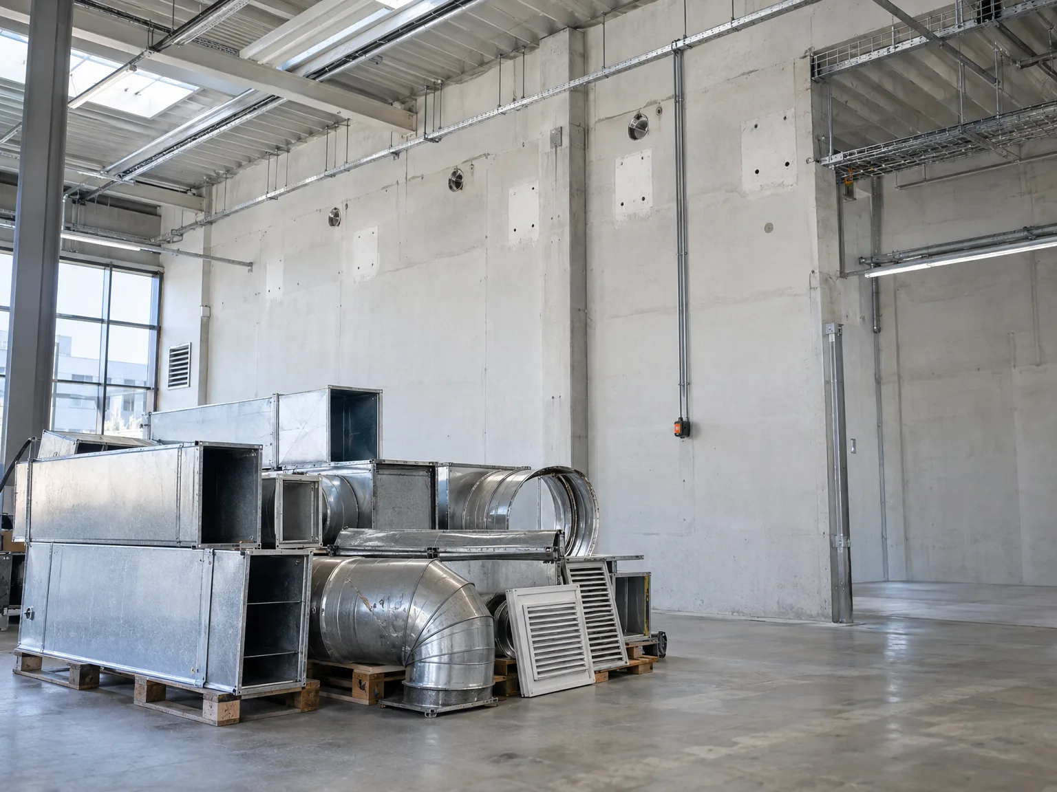 Demontierte Lüftungs- und Klimaanlage mit Metallkanälen, Rohren und Komponenten auf Holzpaletten in Industriehalle