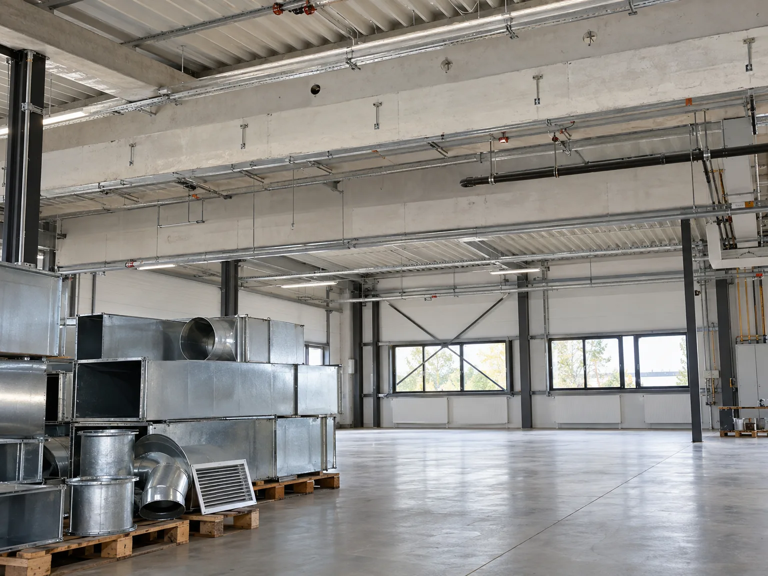 Installierte Kabelrinnen und Gitterrinnen in Industriehalle mit Lüftungsanlage