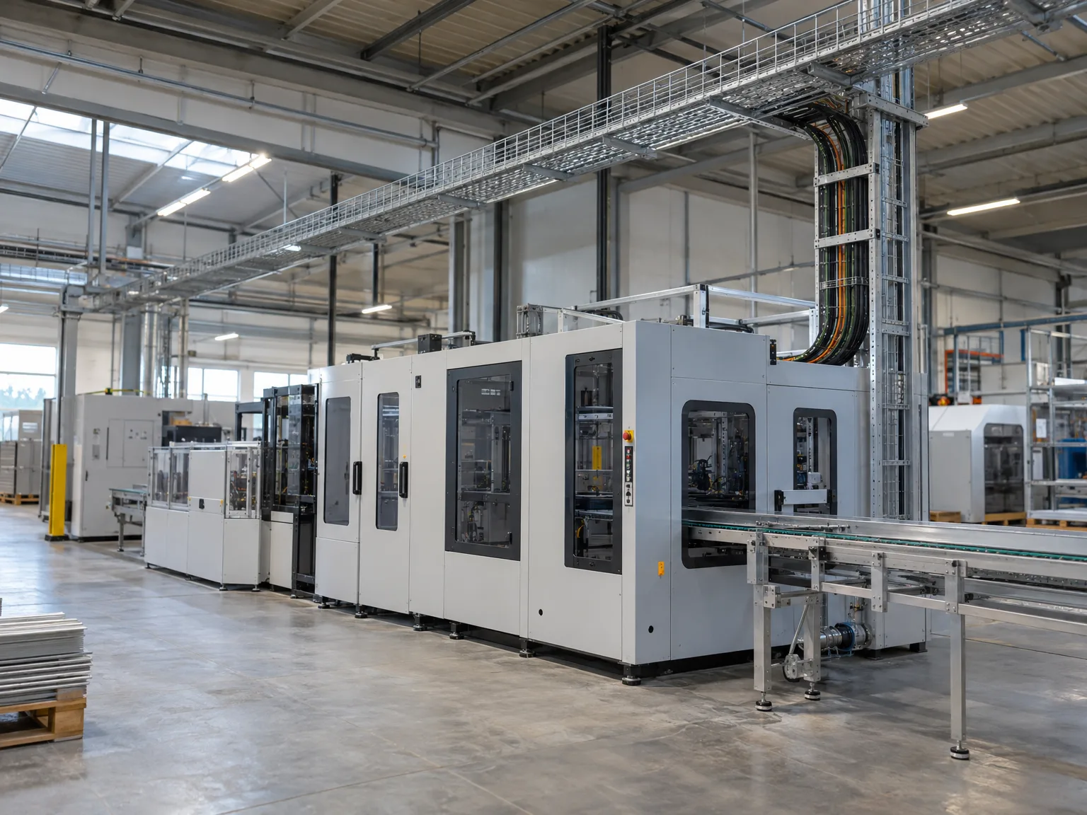 Gitterrinnen und Kabeltragsysteme mit farbig sortierter Kabelverlegung in Industriehalle montiert