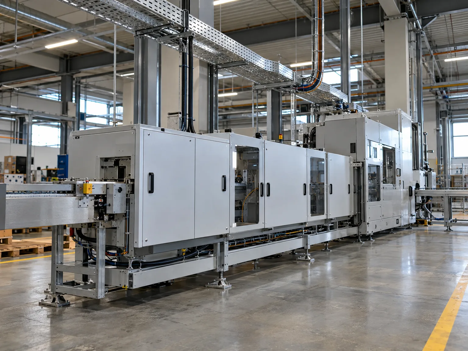 Gitterrinnen mit verlegten Elektrokabeln über Produktionslinie in Industriehalle