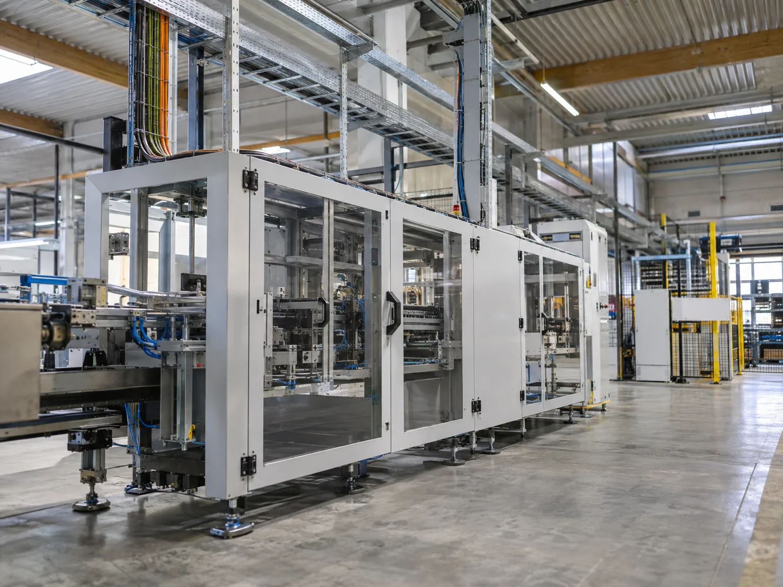 Gitterrinnen und Kabeltragsystem mit Leitungsführung über Produktionsanlage montiert
