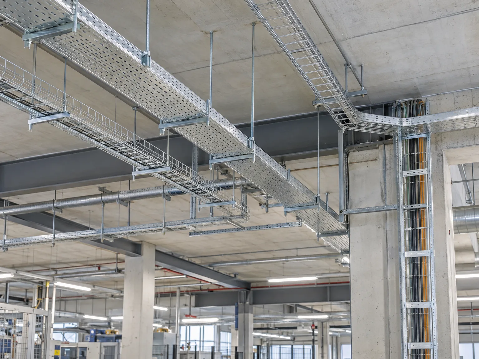 Gitterrinnen und Steigetrasse montiert in Industriehalle