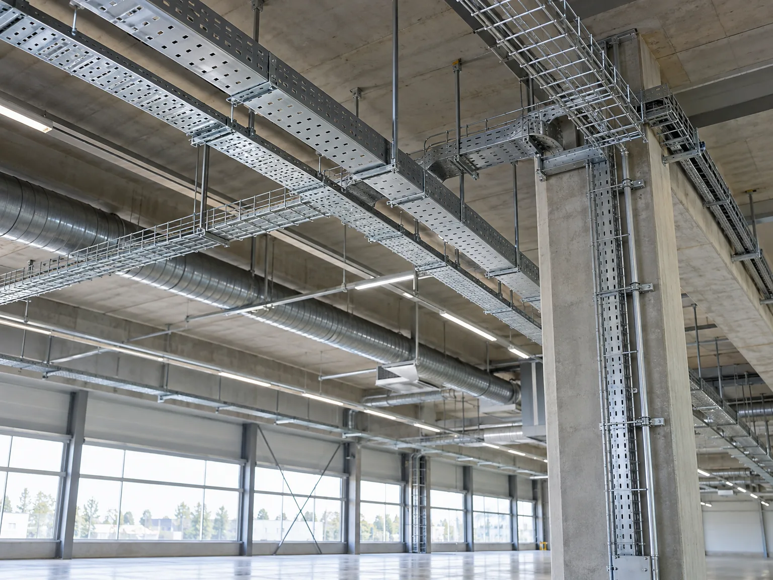 Gitterrinnen und Kabelrinnen als Kabeltragsysteme an Hallendach montiert