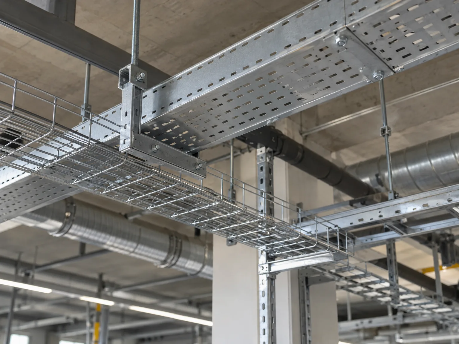 Montage von Gitterrinnen und Kabeltragsystemen in Industriehalle