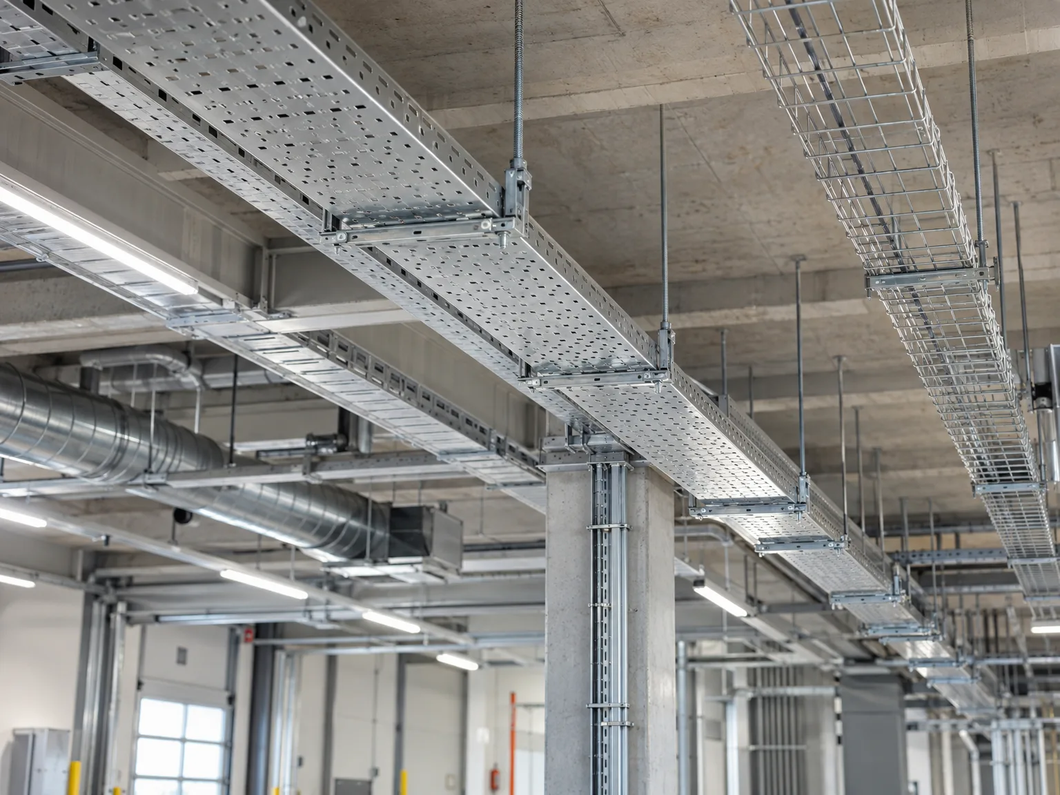 Montierte Kabeltragsysteme mit Gitterrinnen und verlegten Kabeln in Industriehalle