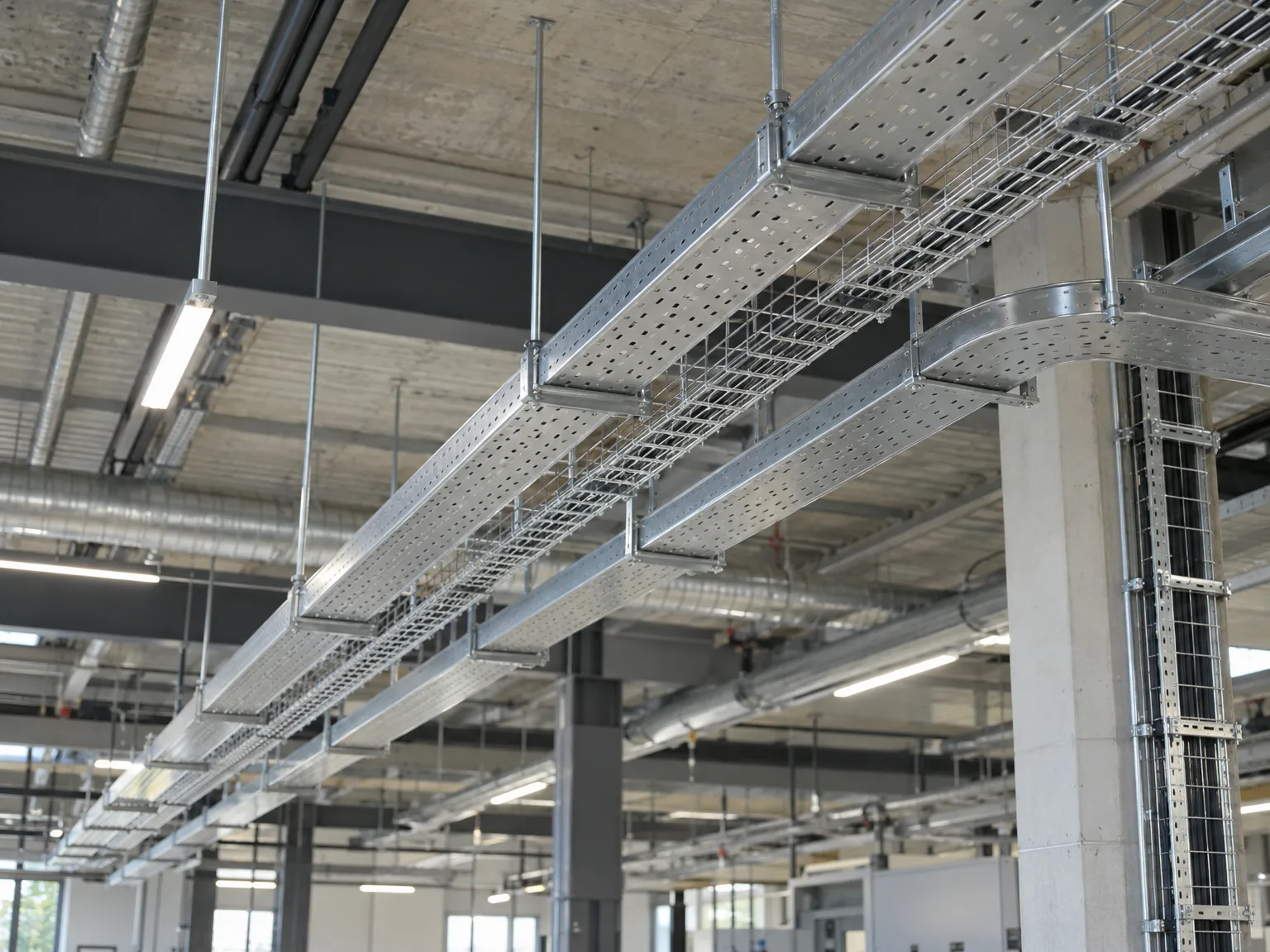 Montierte Gitterrinnen und Kabeltragsysteme in Industriehalle