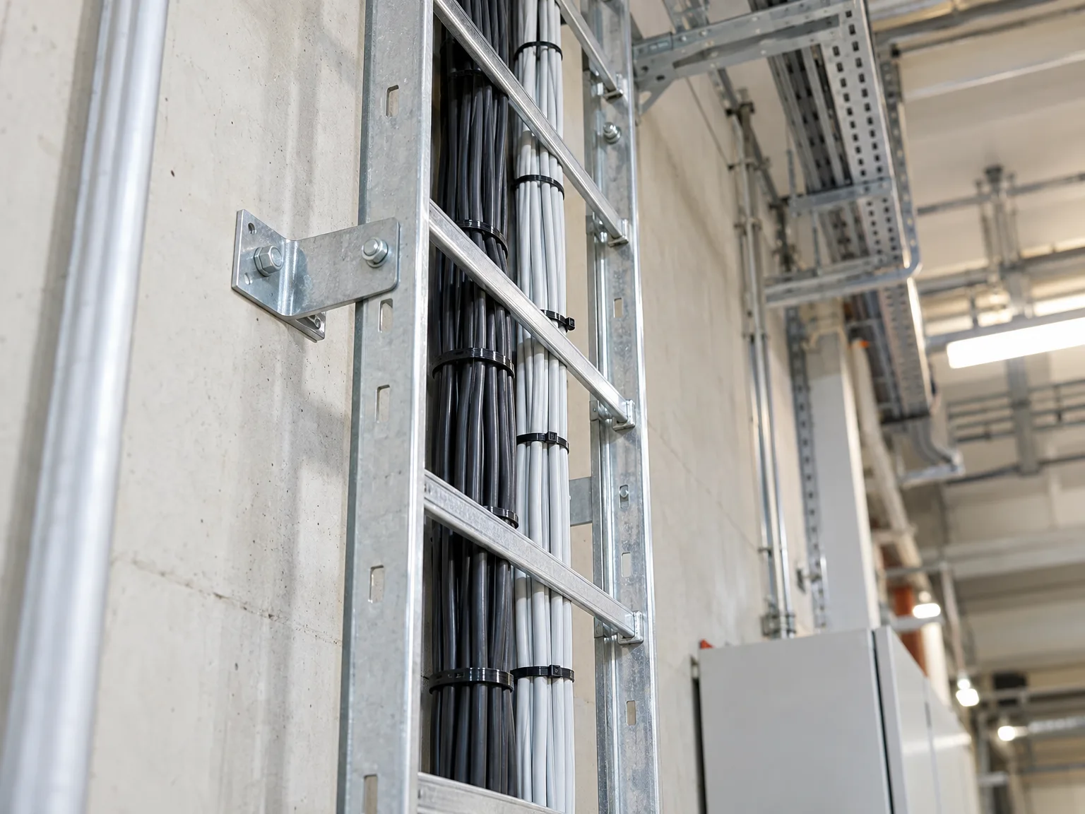 Installation von Gitterrinnen zur Kabelverlegung mit metallischen Konsolbefestigungen und Kunststoffbindern in Industrieanlage