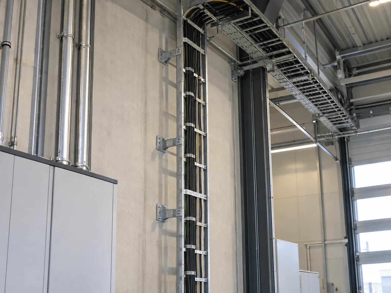 Montierte Gitterrinnen und Kabeltragsysteme für professionelle Kabelverlegung in einer Industriehalle