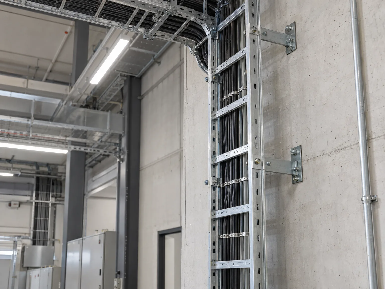 Montierte Kabeltrasse mit schwarzen Industriekabeln in Produktionshalle, fachgerecht auf Betonwand installiert