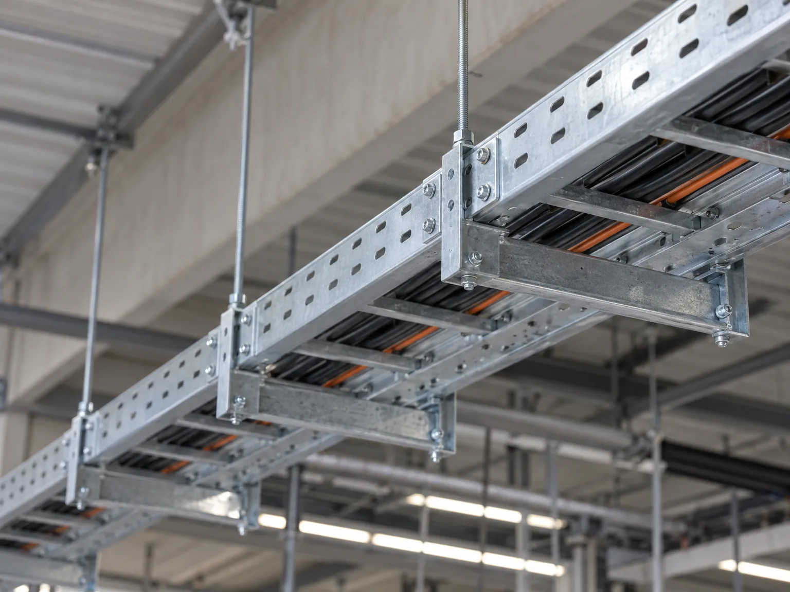 Montiertes Kabeltragsystem mit orange Kabeln unter Decke einer Industriehalle