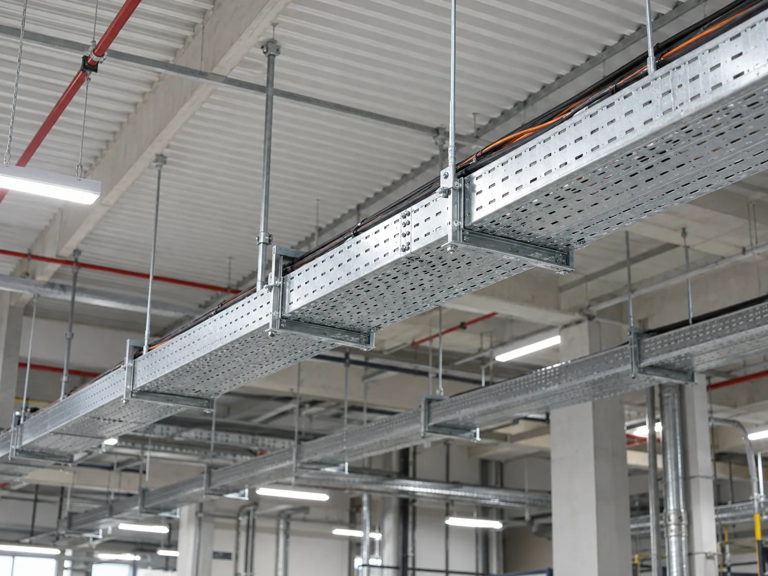 Gitterrinnen mit Kabelverlegung, in einer Industriehalle aufgehängt